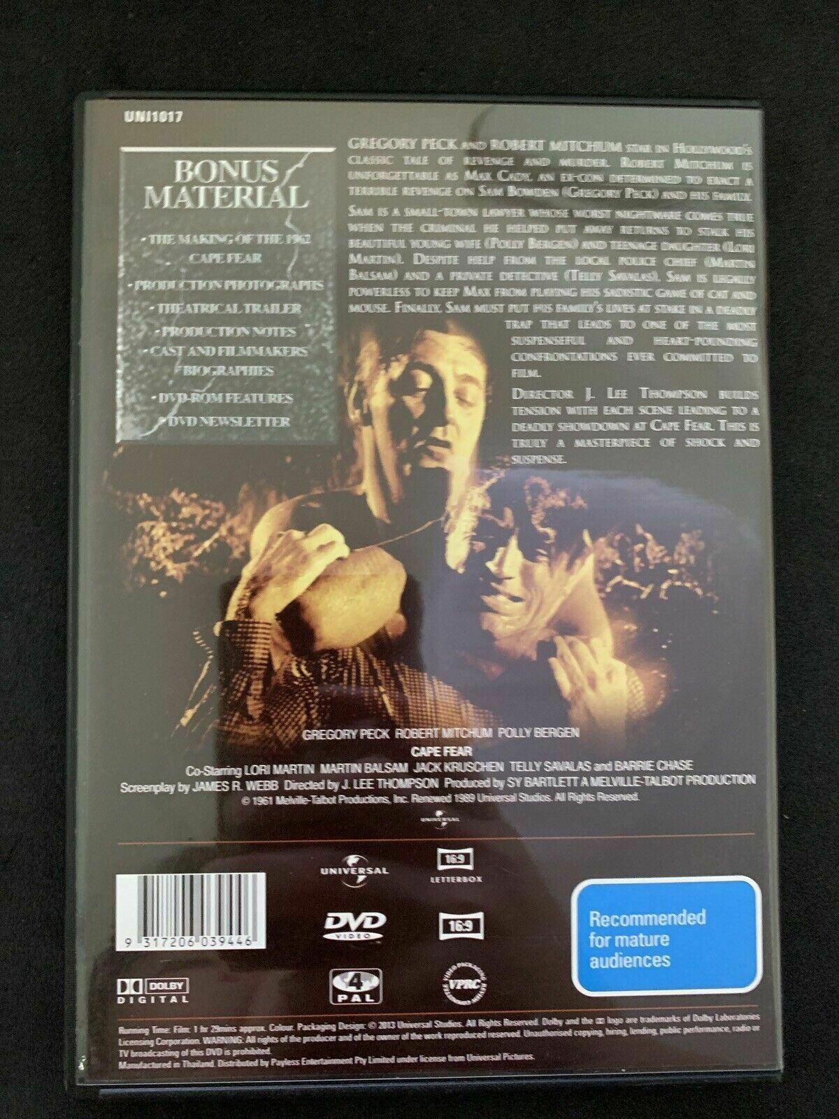 Cape Fear (DVD, 1962) Widescreen Edition- Gregory Peck, Robert Mitchum. Region 4