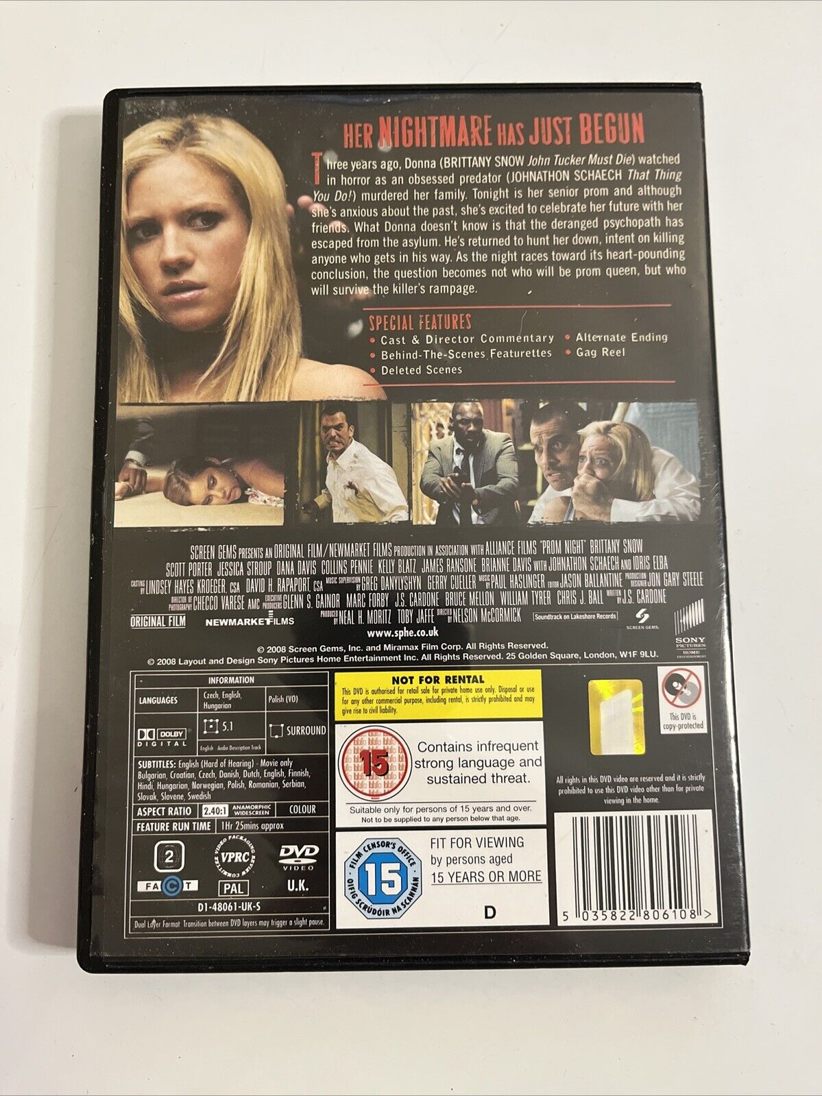 Prom Night (DVD, 2008) Brittany Snow, Scott Porter Horror Film Region 2