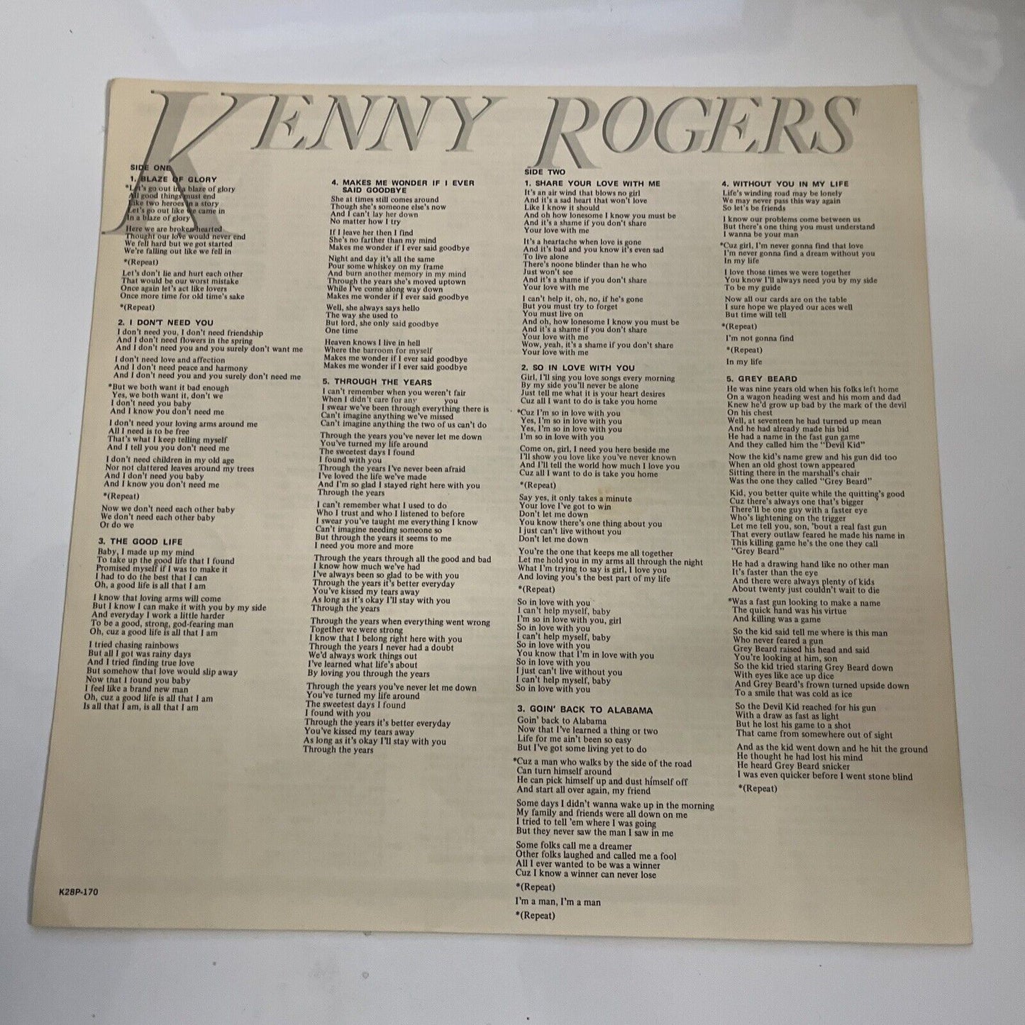 Kenny Rogers – Share Your Love 1981 LP Vinyl Record K28P-170