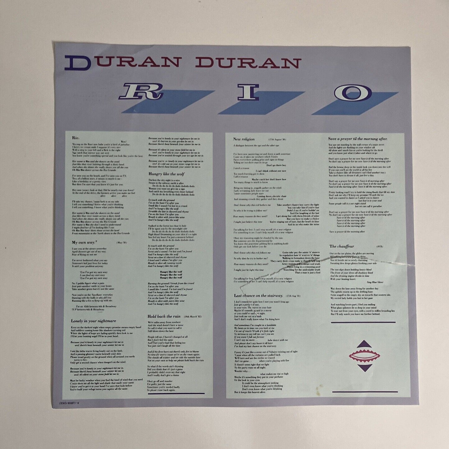 Rio by Duran Duran 1982 LP Vinyl Record EMI EMS-91037