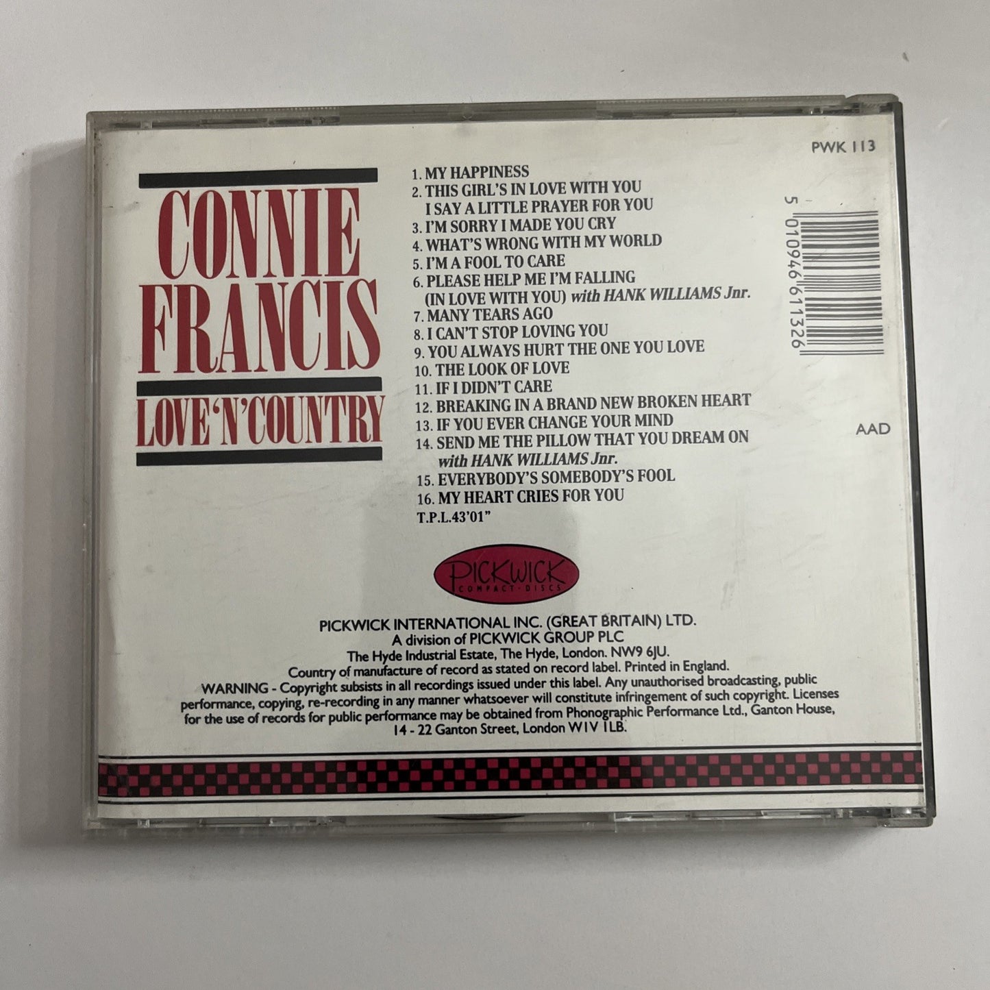 Connie Francis – Love 'N' Country (CD, 1989) PWK 113