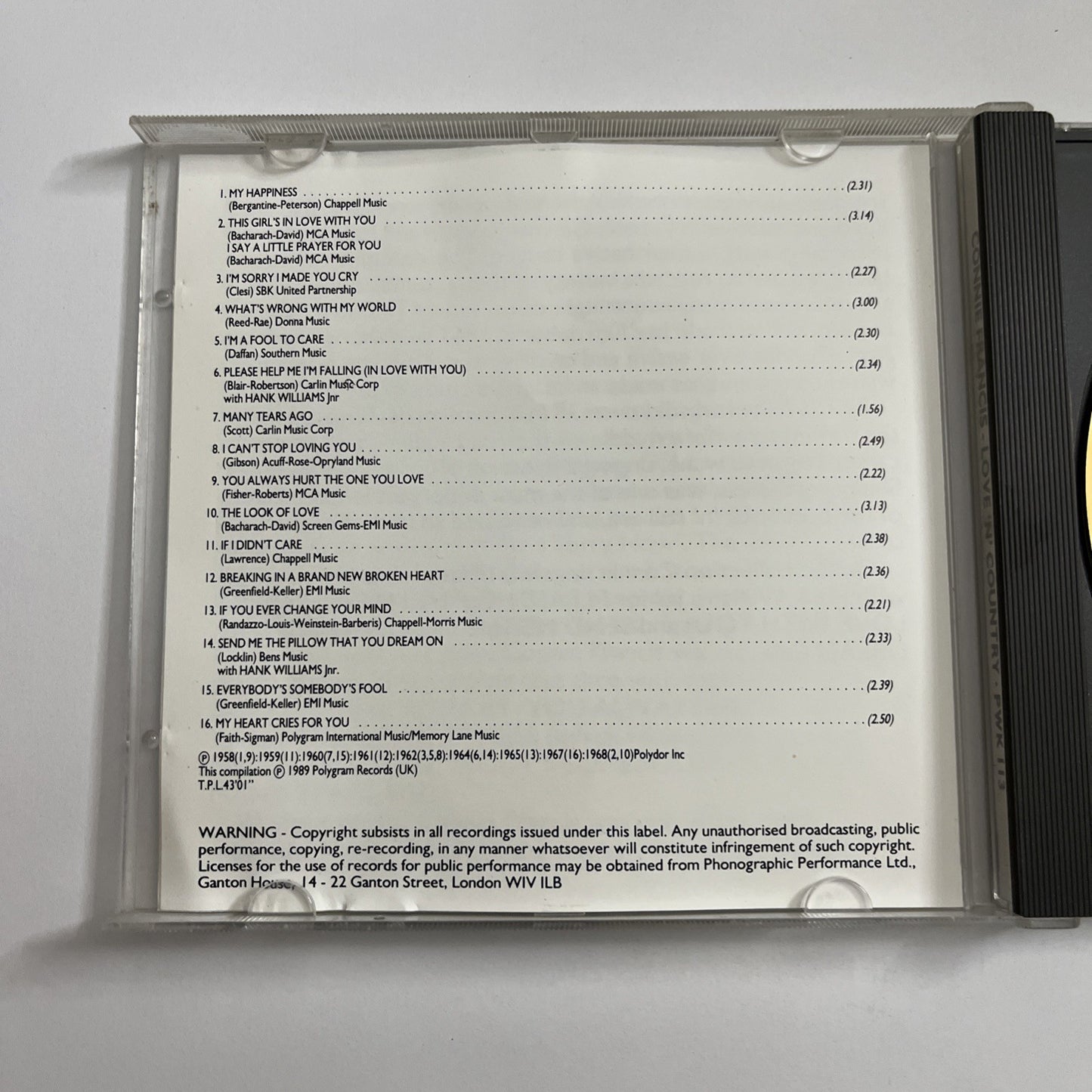 Connie Francis – Love 'N' Country (CD, 1989) PWK 113