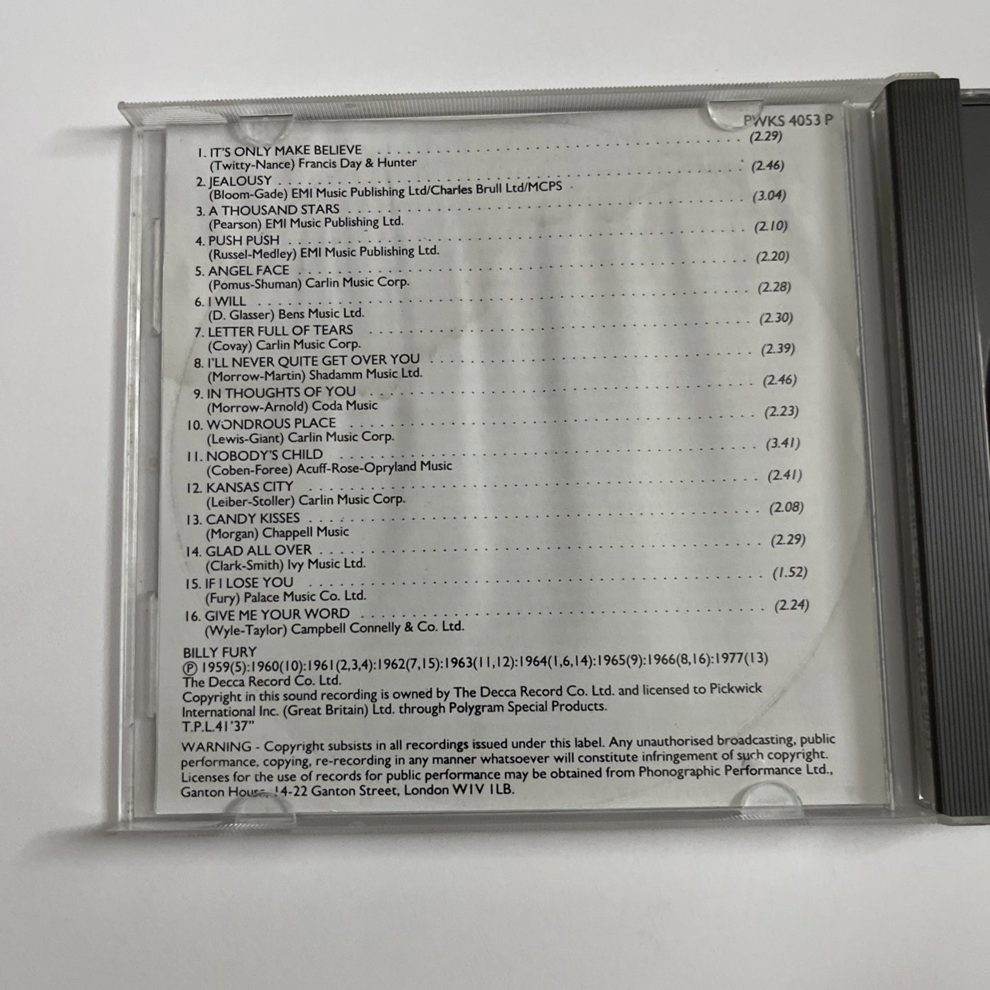 Billy Fury – In Thoughts Of You (CD, 1989) UK PWKS 4053 P