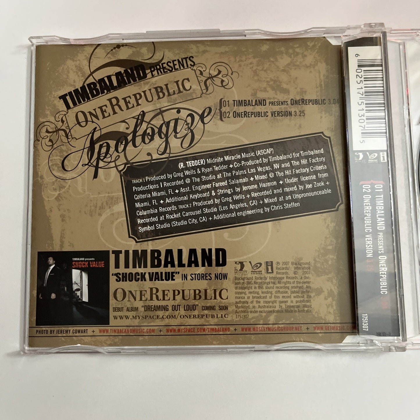 Timbaland, OneRepublic – Apologize (CD, 2007) Australasia Single 1751307