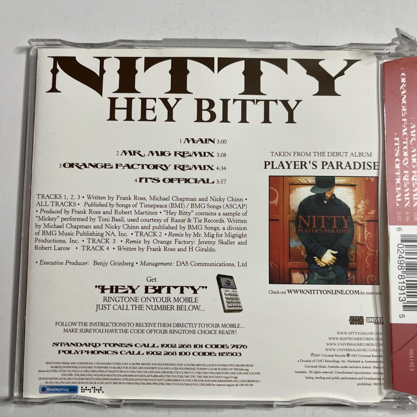 Nitty – Hey Bitty (CD, 2004) Australia Single 9881913