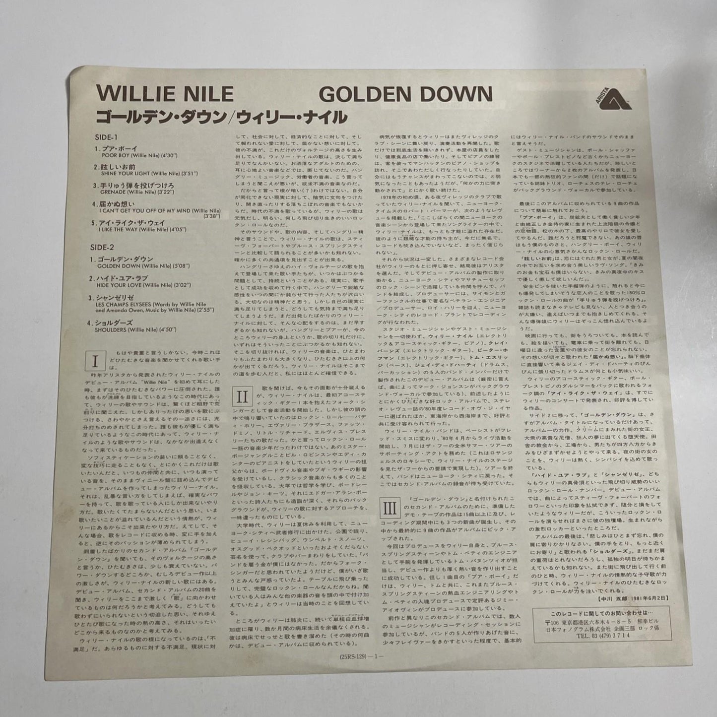 Willie Nile – Golden Down (Vinyl, 1981) Japan LP Promo 25RS-129