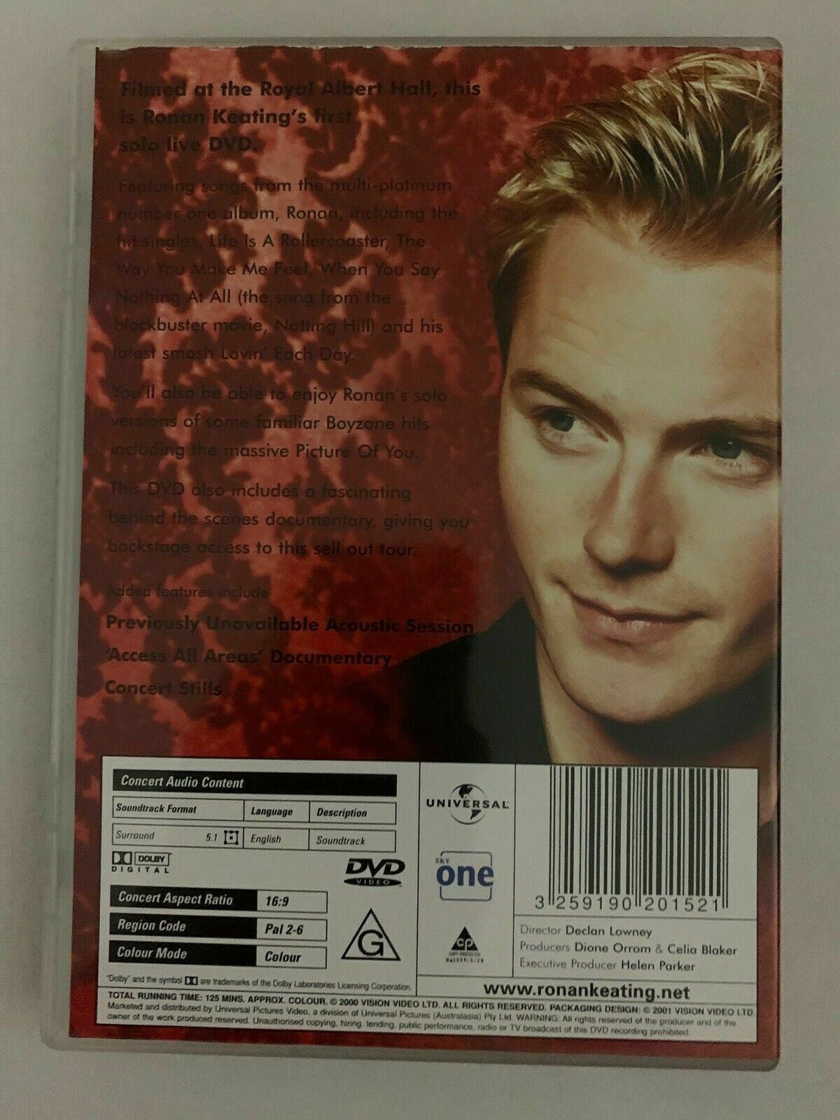 Ronan Live (DVD, 2001) Ronan Keating. Region 4, 2, 3, 6