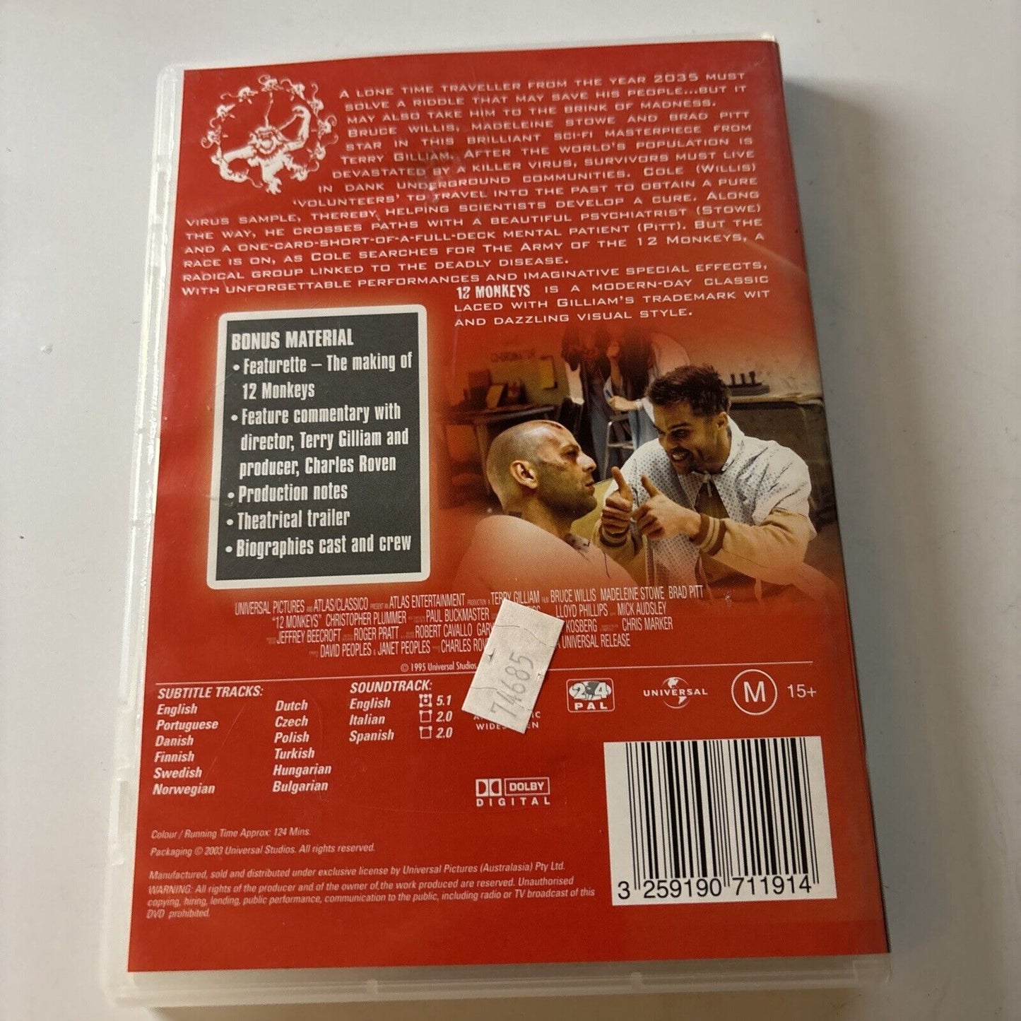 12 Monkeys (DVD, 1995) Brad Pitt, Bruce Willis Region 4 &2