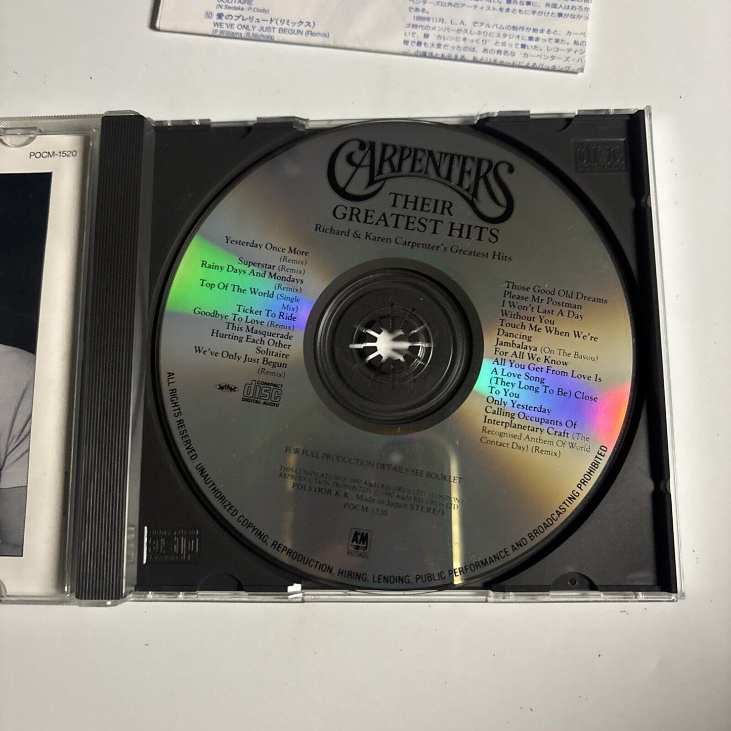 Carpenters – Their Greatest Hits (CD, 1994) pocm-1520 Japan