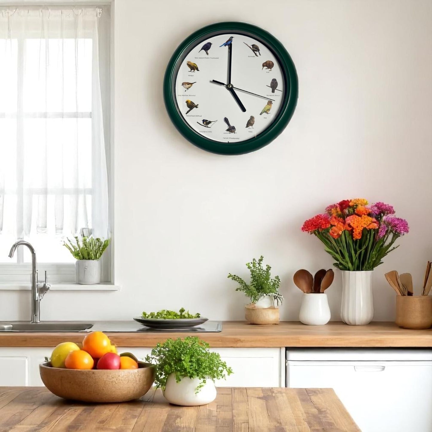 New Zealand Singing Bird Wall Clock 10" - Plays 12 Native Bird Sounds Hourly