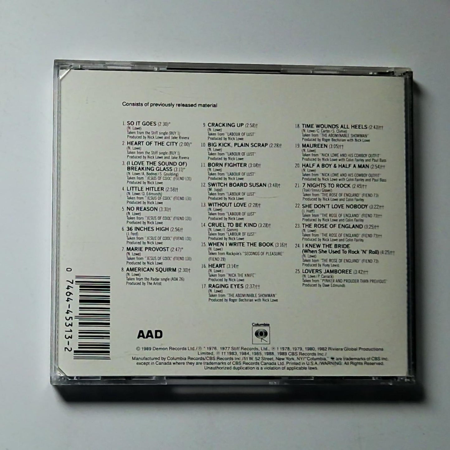 Nick Lowe – Basher: The Best Of Nick Lowe (CD, 1989) US CK 45313