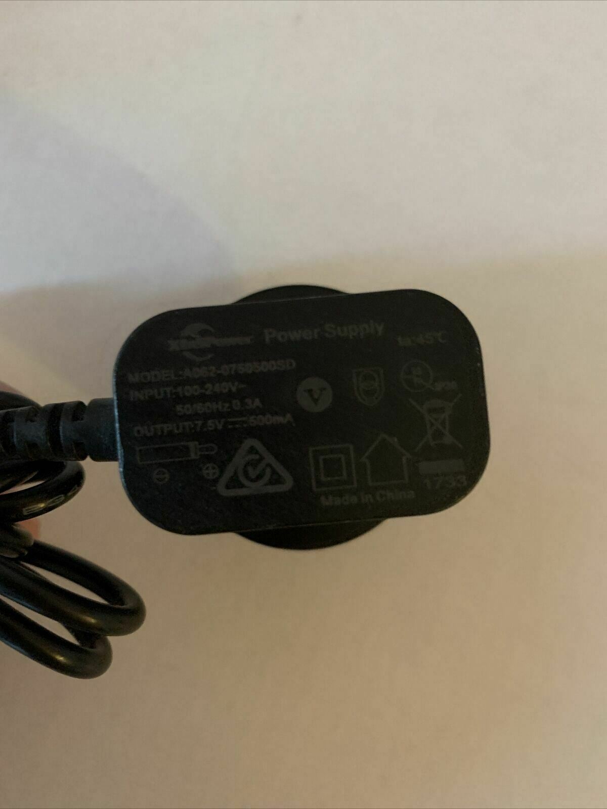 Xinspower A062-0750500SD 7.5v 500mA AC Adaptor Power Supply 3.5" Plug