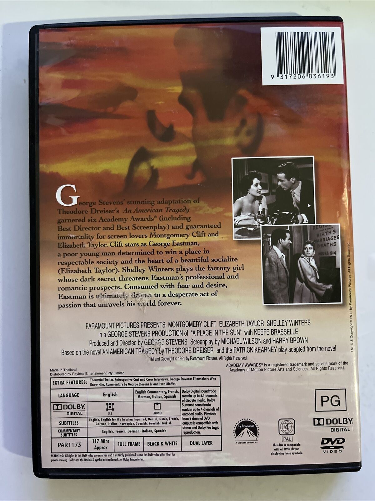 A Place In The Sun (DVD, 1951) Montgomery Clift, Elizabeth Taylor. Region 4
