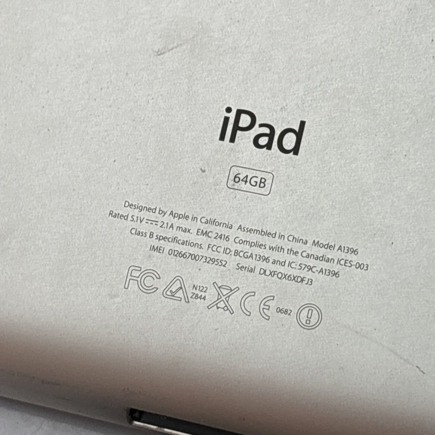 Apple iPad 2 64GB, Wi-Fi + Cellular 9.7" A1396 Locked *For Parts Or Repair*