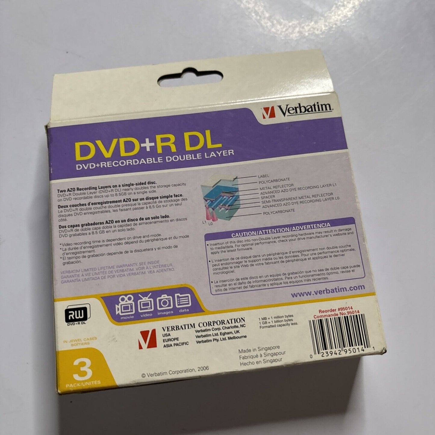 Verbatim DVD+R Recordable 8.5GB 240Min 2.4x Double Layer Recordable Pack 3