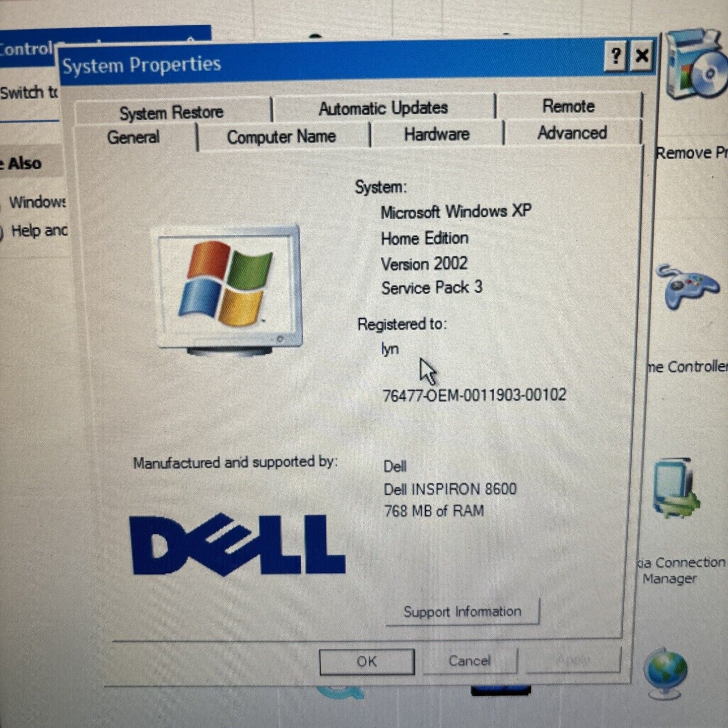 Dell Inspiron 8600 Laptop 768MB RAM 97gb HDD 3.5" Floppy Drive *No Battery*