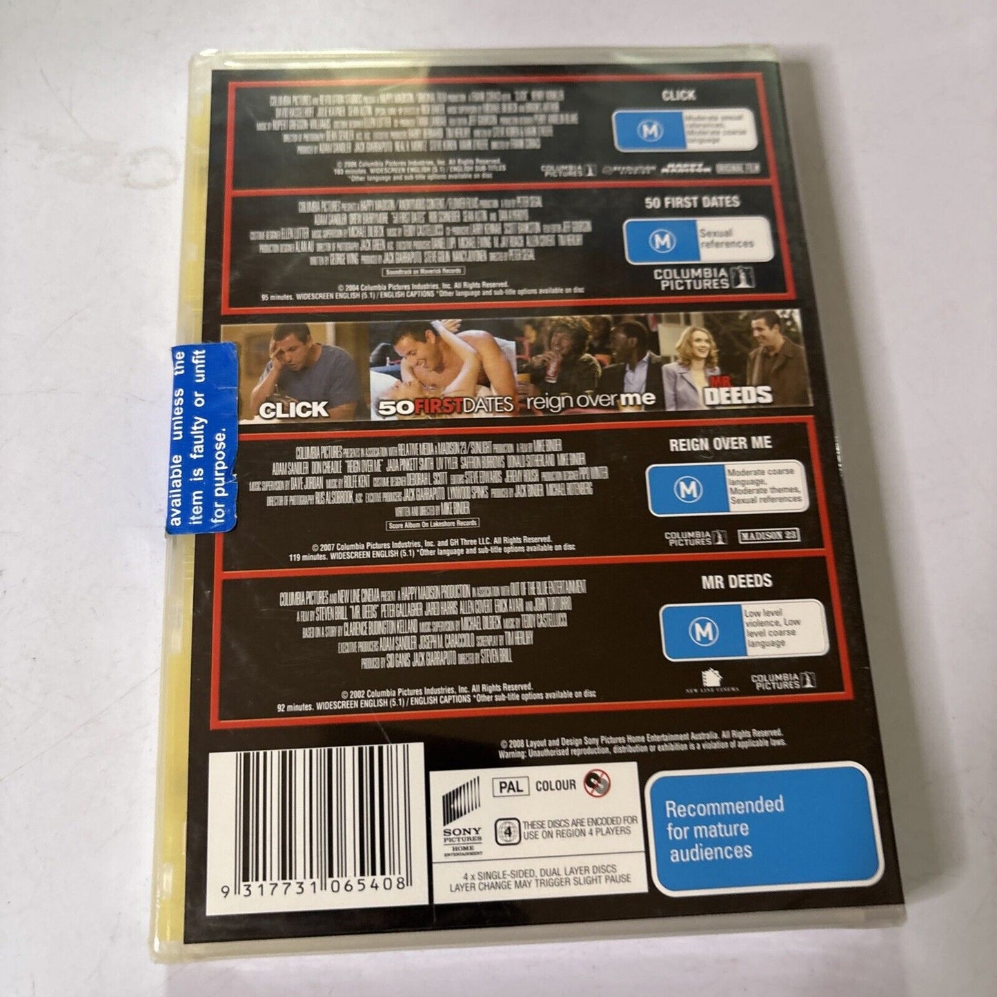 Click / 50 First Dates / Reign Over Me / Mr. Deeds DVD Adam Sandler Region 4 NEW