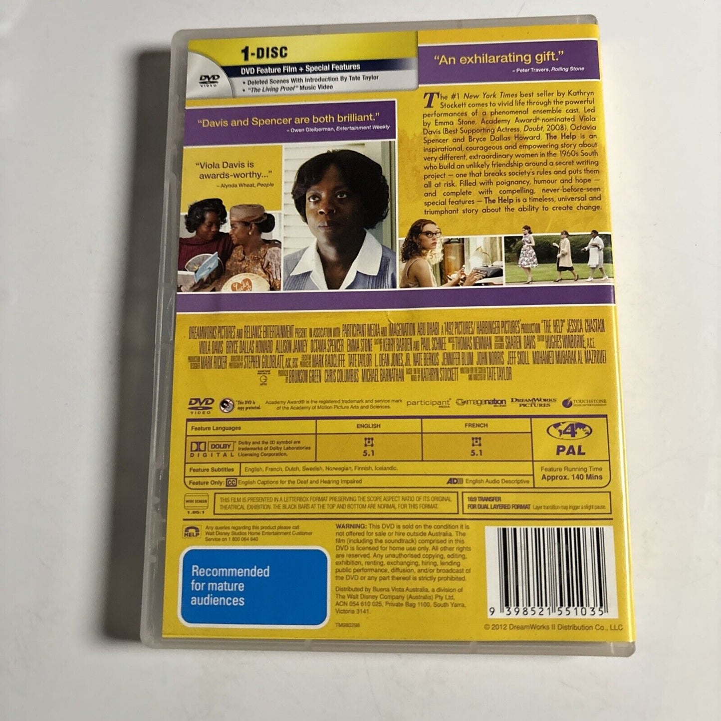 The Help (DVD, 2011) Emma Stone, Viola Davis, Jessica Chastain NEW Region 4