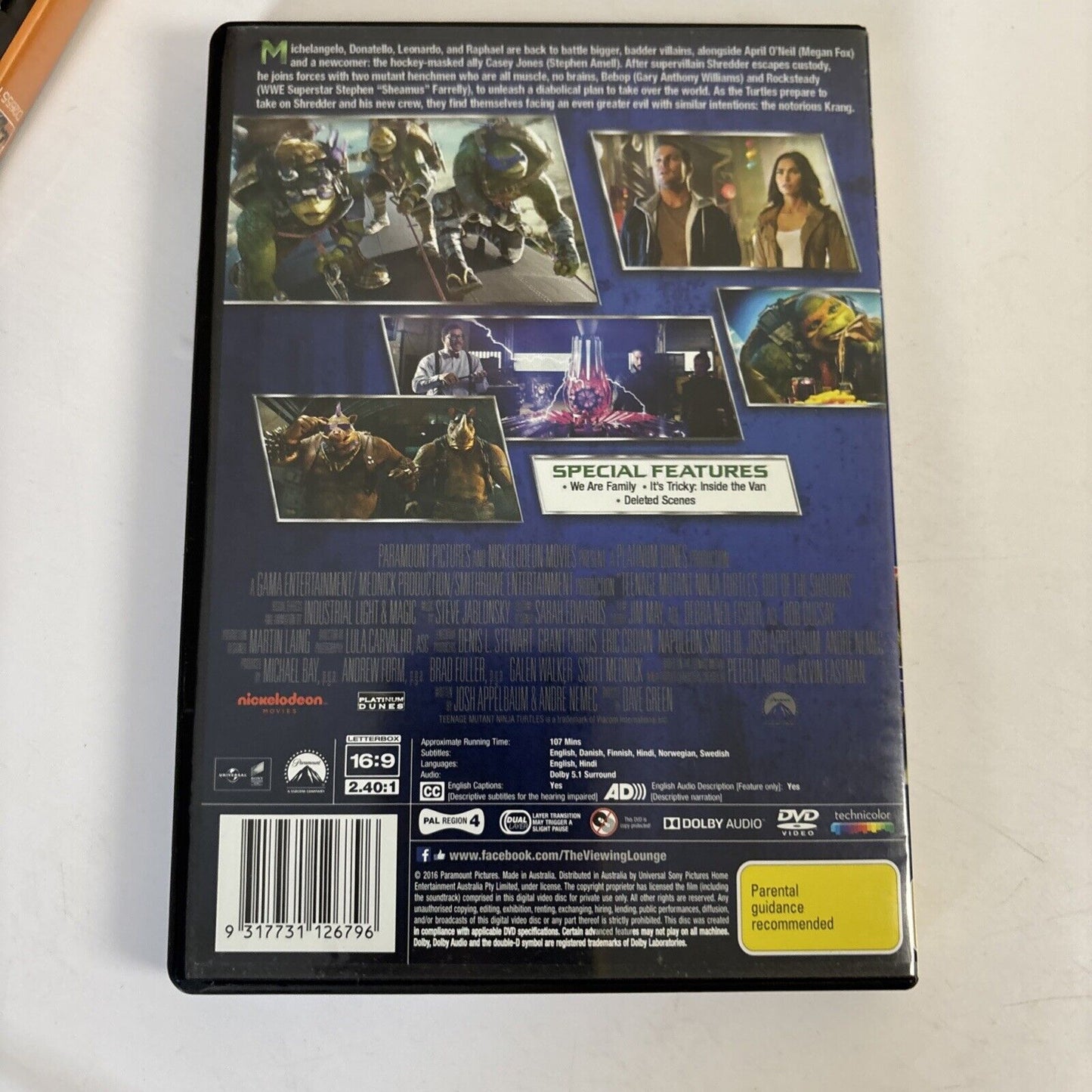 Teenage Mutant Ninja Turtles - Out Of The Shadows (DVD, 2016) Megan Fox Region 4