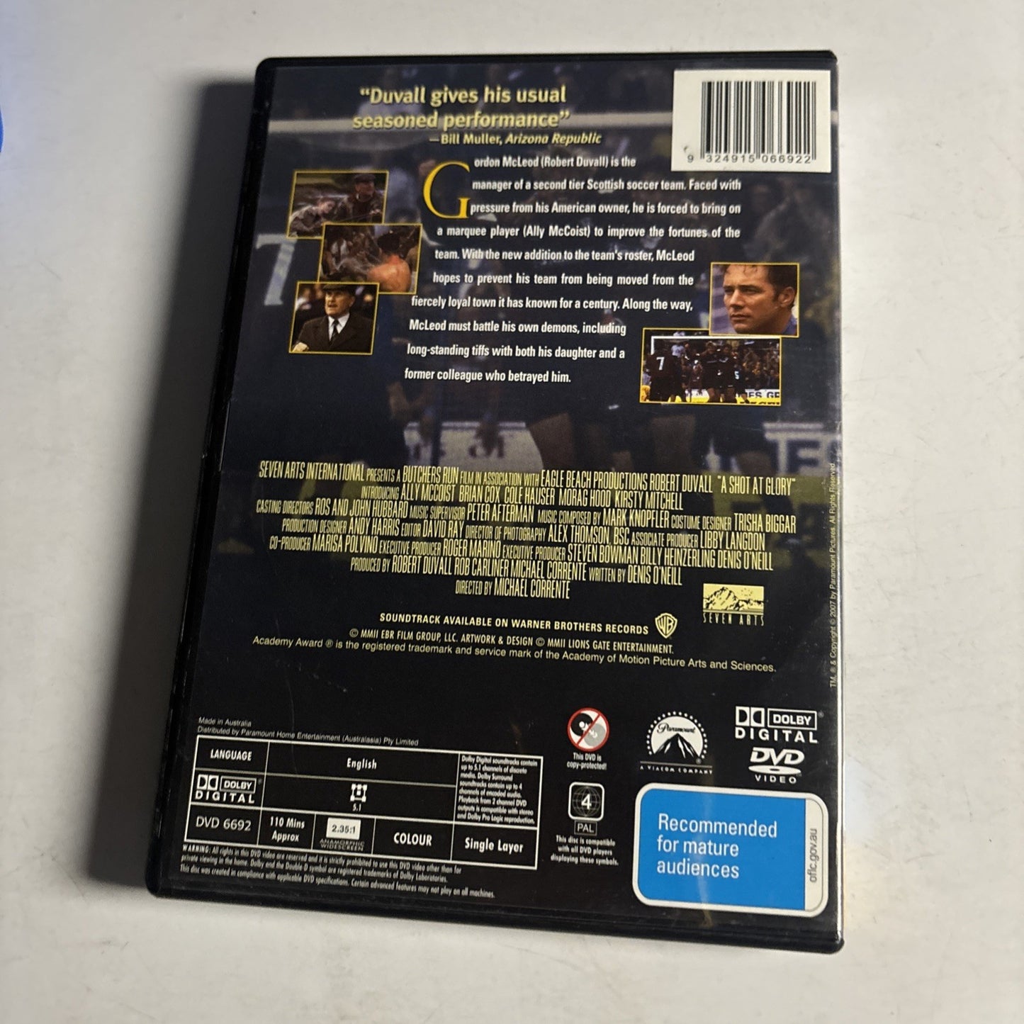 A Shot at Glory (DVD, 2000) Robert Duvall Region 4 NEW