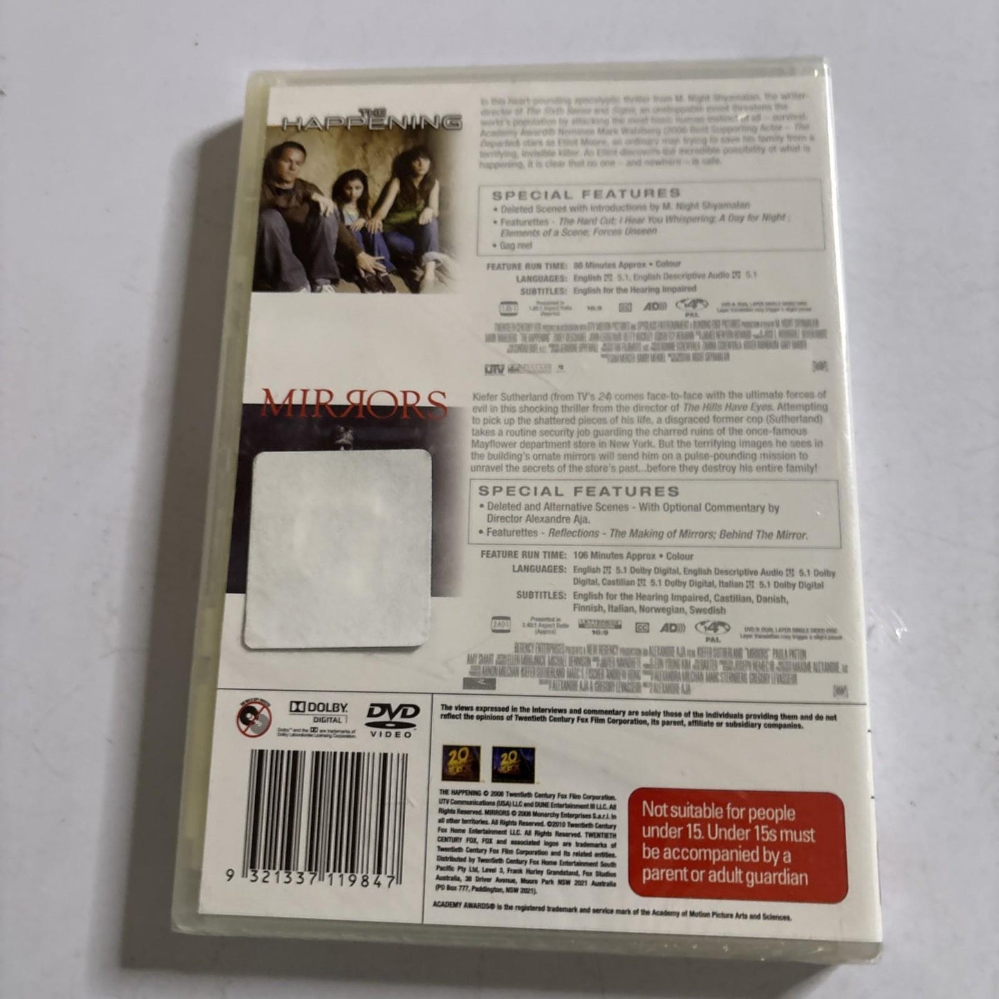 The Happening / Mirrors DVD mark Wahlberg Region 4 *New Sealed*