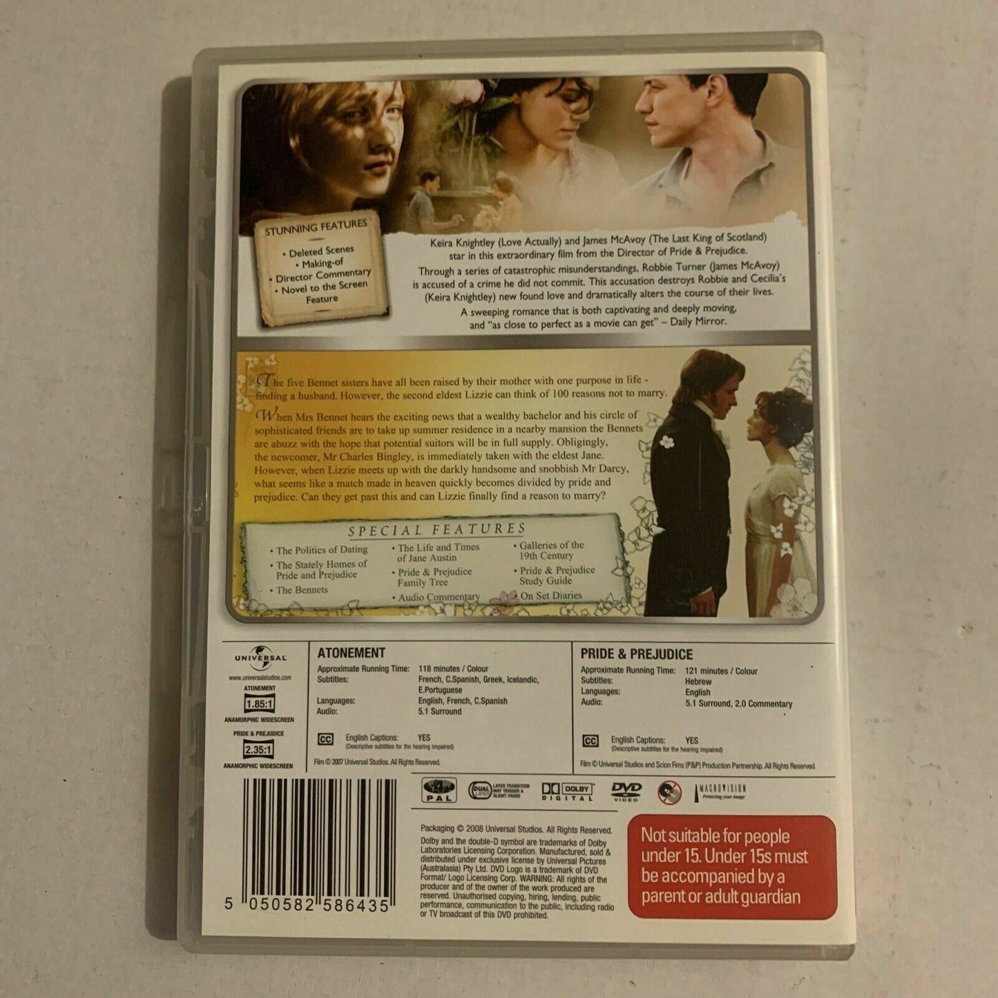 Atonement / Pride and Prejudice (DVD, 2008, 2-Disc Set) Keira Knightley Region 4