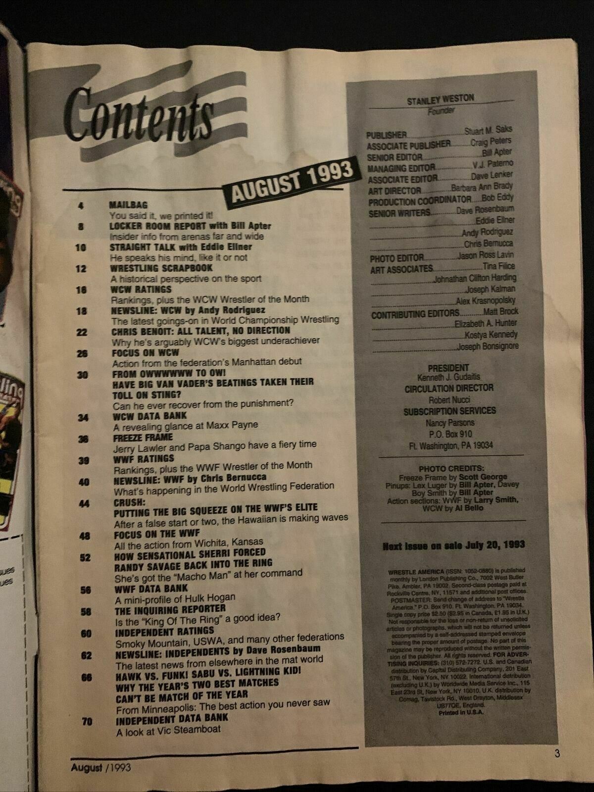 Wrestle America Magazine August 1993 - Chris Benoit, Sherri, Savage, Hawk-funk