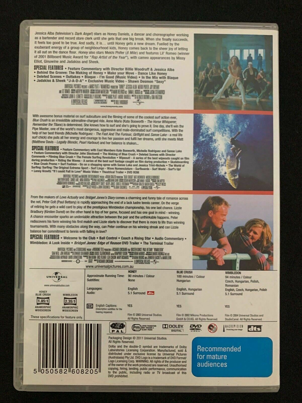 Honey / Blue Crush / Wimbledon (DVD, 2009, 3-Disc Set)