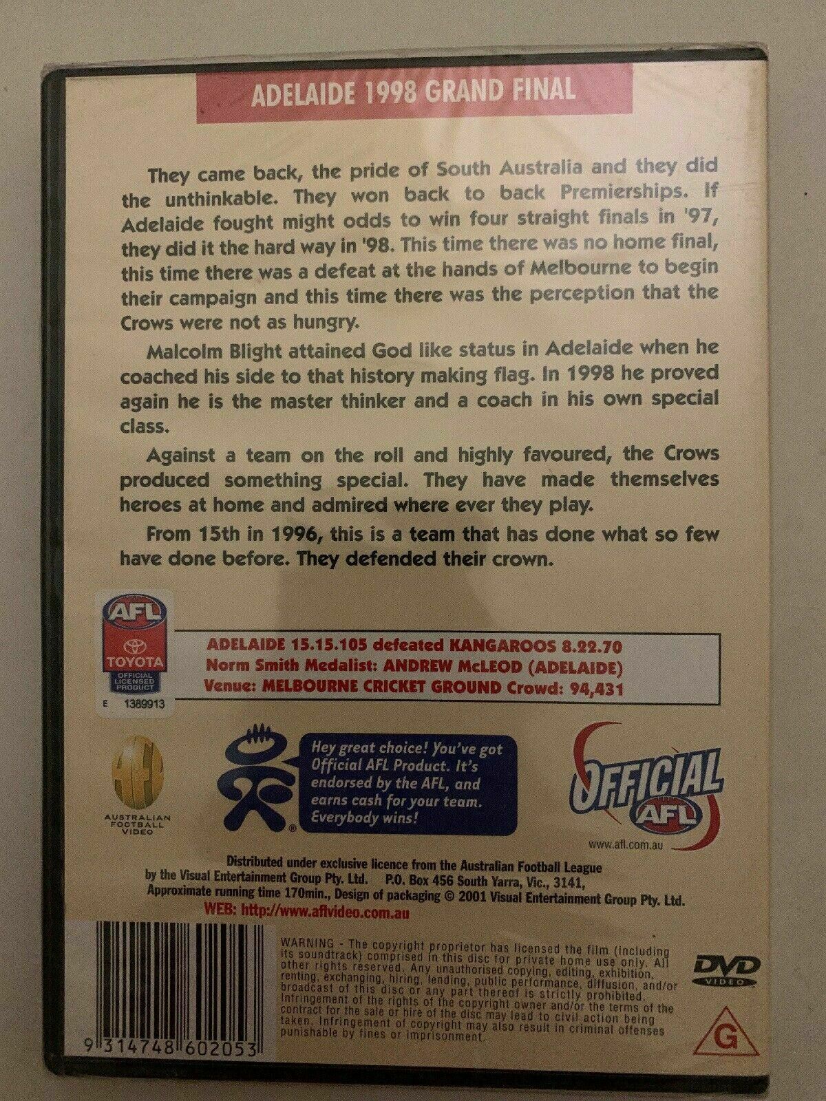 AFL Premiers 1998 DVD Adelaide Crows NEW SEALED!