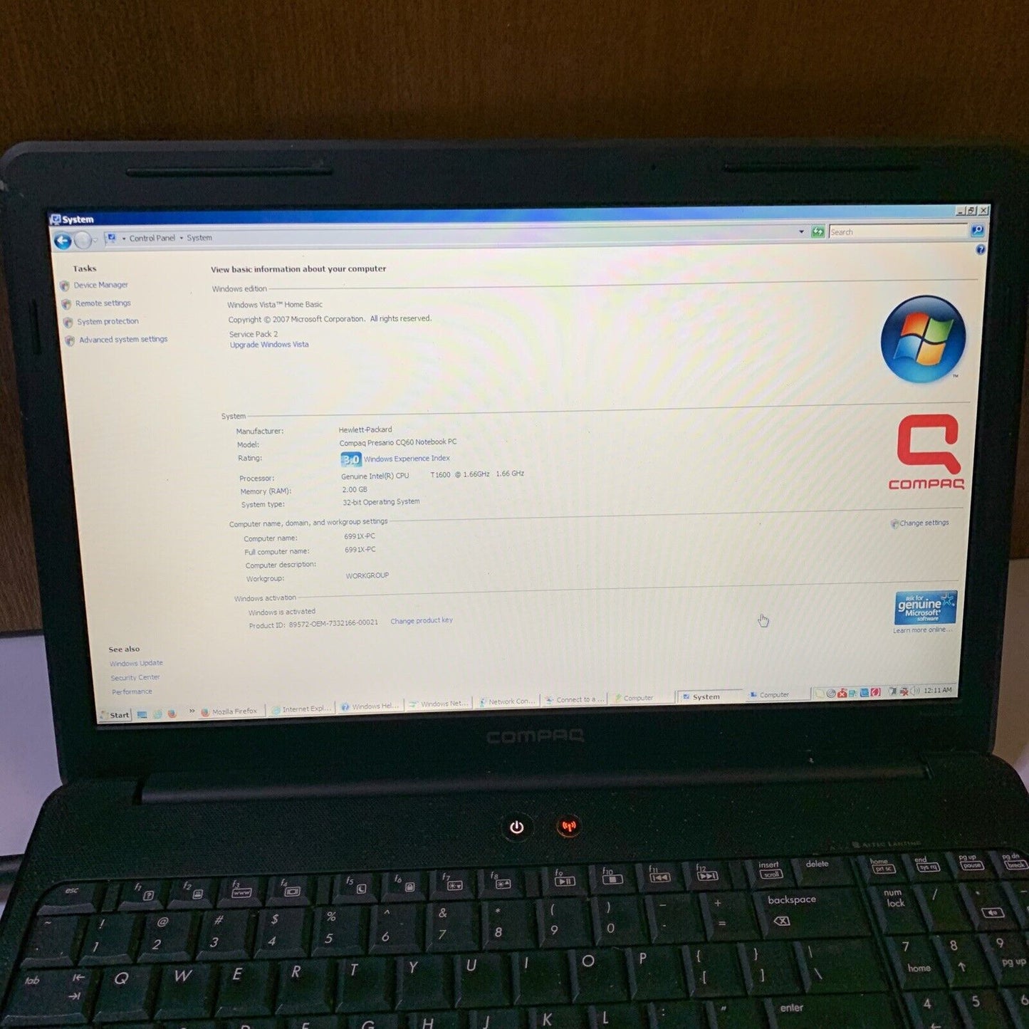 HP Compaq CQ60 Laptop Intel T1600 15.4" Vista DVD RW 2GB HDD 150GB *Battery Flat
