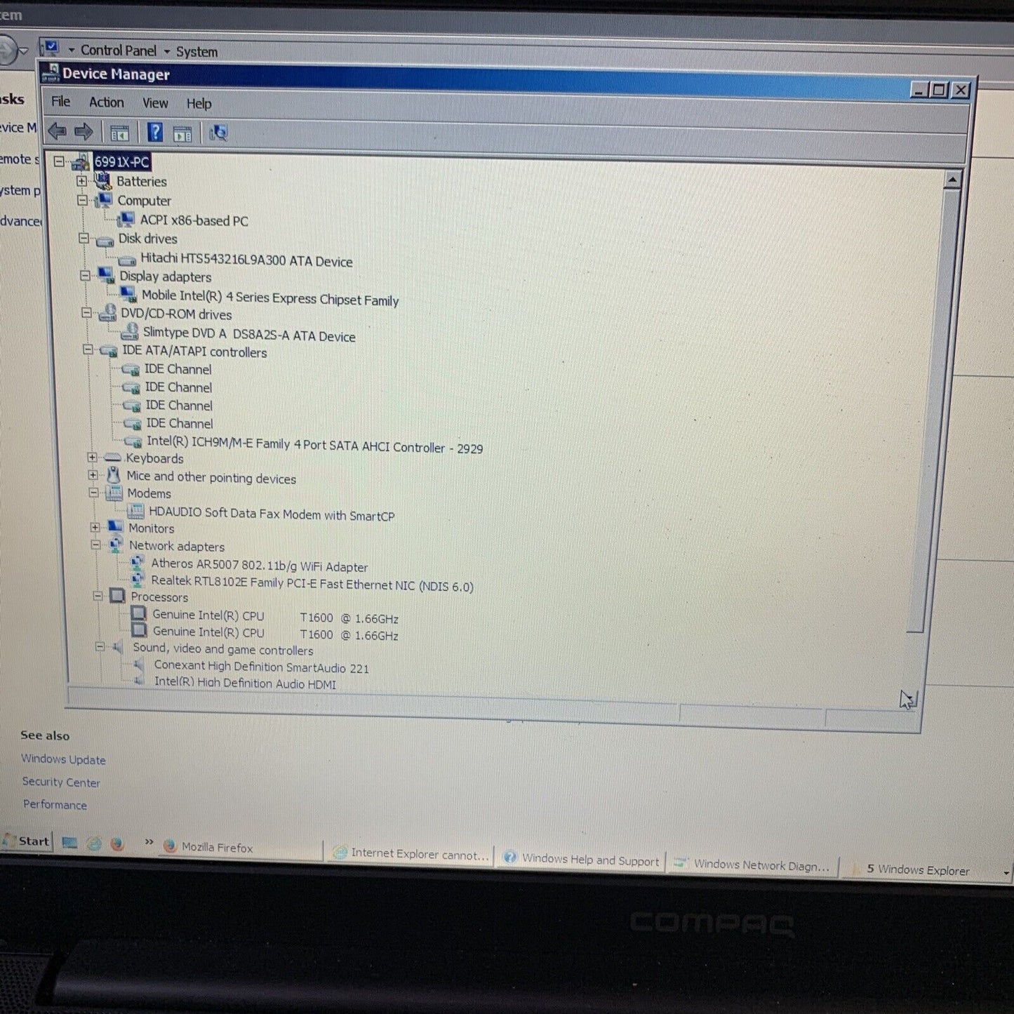 HP Compaq CQ60 Laptop Intel T1600 15.4" Vista DVD RW 2GB HDD 150GB *Battery Flat