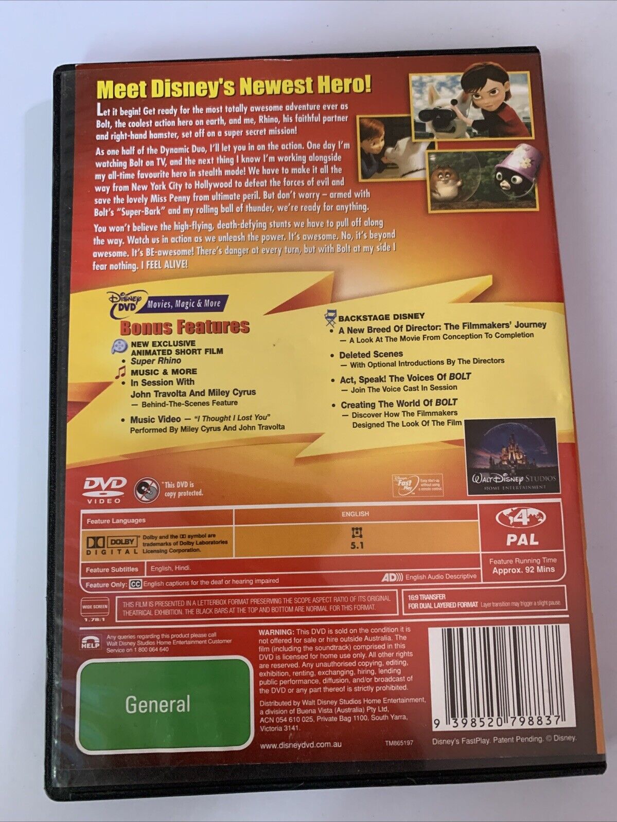 Bolt (DVD, 2008) Disney Animated Film Miley Cyrus Region 4