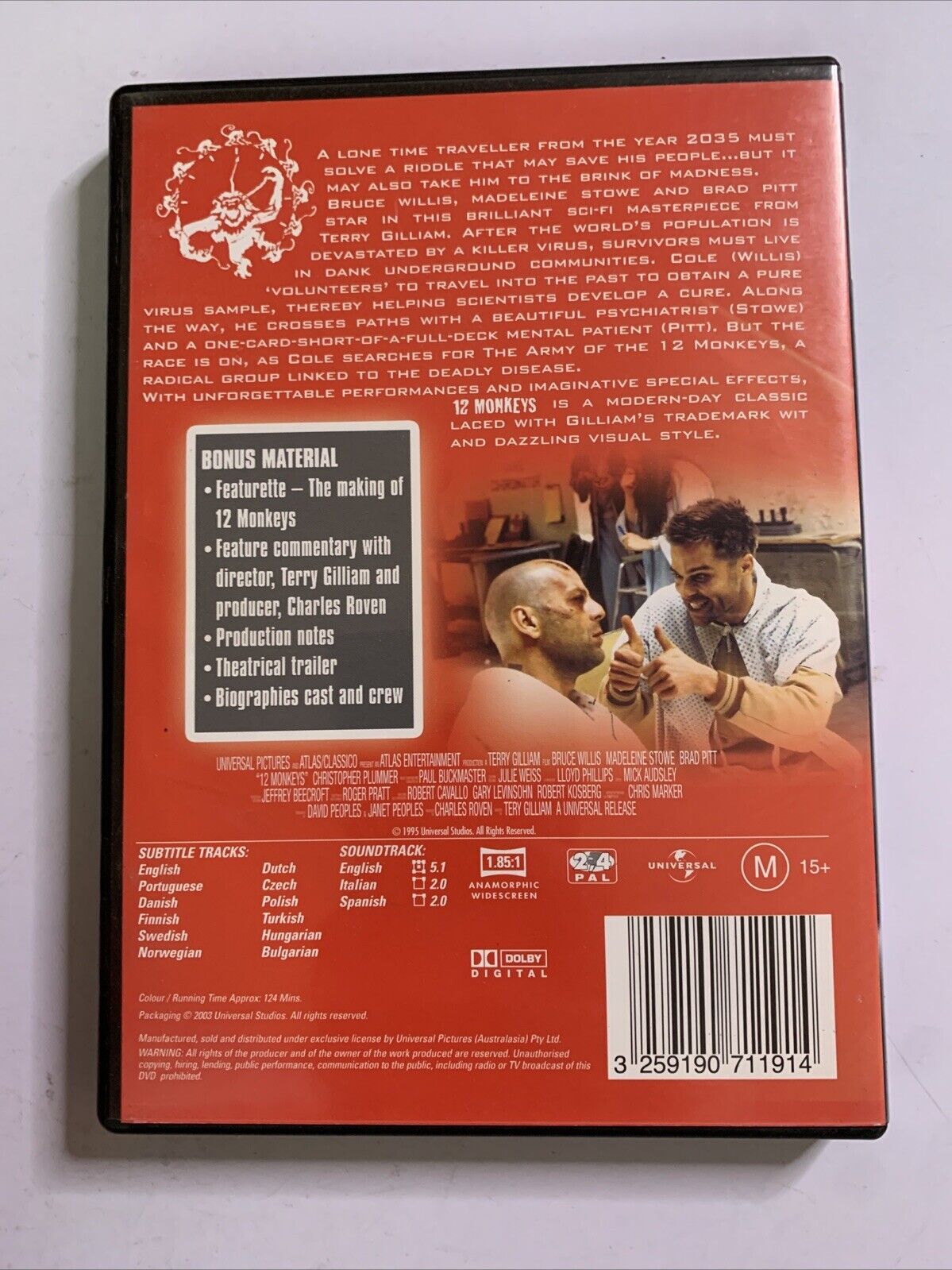 12 Monkeys (DVD, 1995) Brad Pitt, Madeleine Stowe, Bruce Willis Region 4