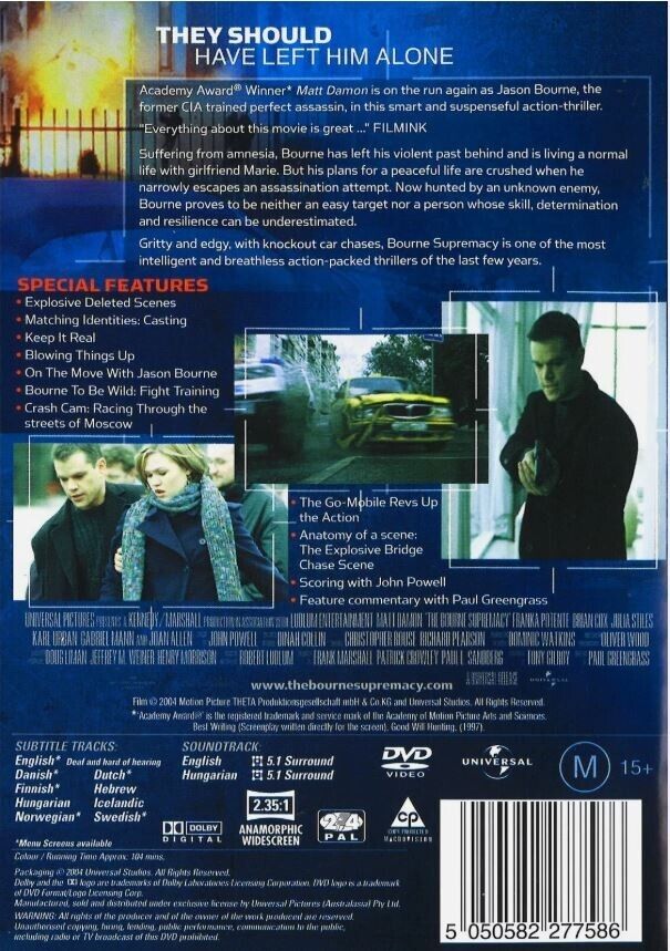 The Bourne Supremacy (DVD, 2004) Matt Damon, Julia Stiles, Karl Urban Region 4