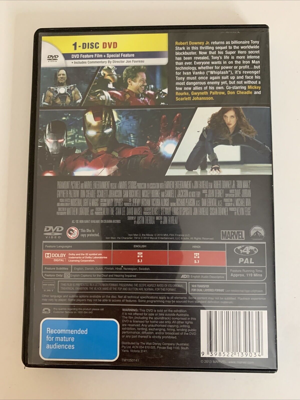 Iron Man 2 (DVD, 2010) Robert Downey Jr, Mickey Rourke, Don Cheadle Region 4
