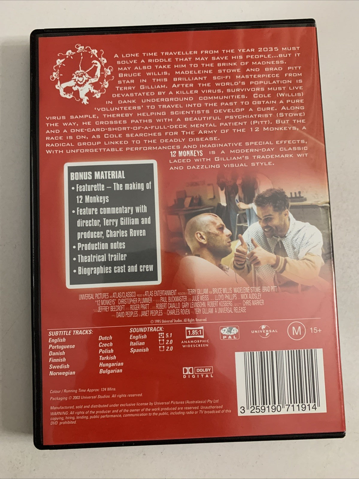 12 Monkeys (DVD, 1995) Brad Pitt, Madeleine Stowe, Bruce Willis Region 4 &2