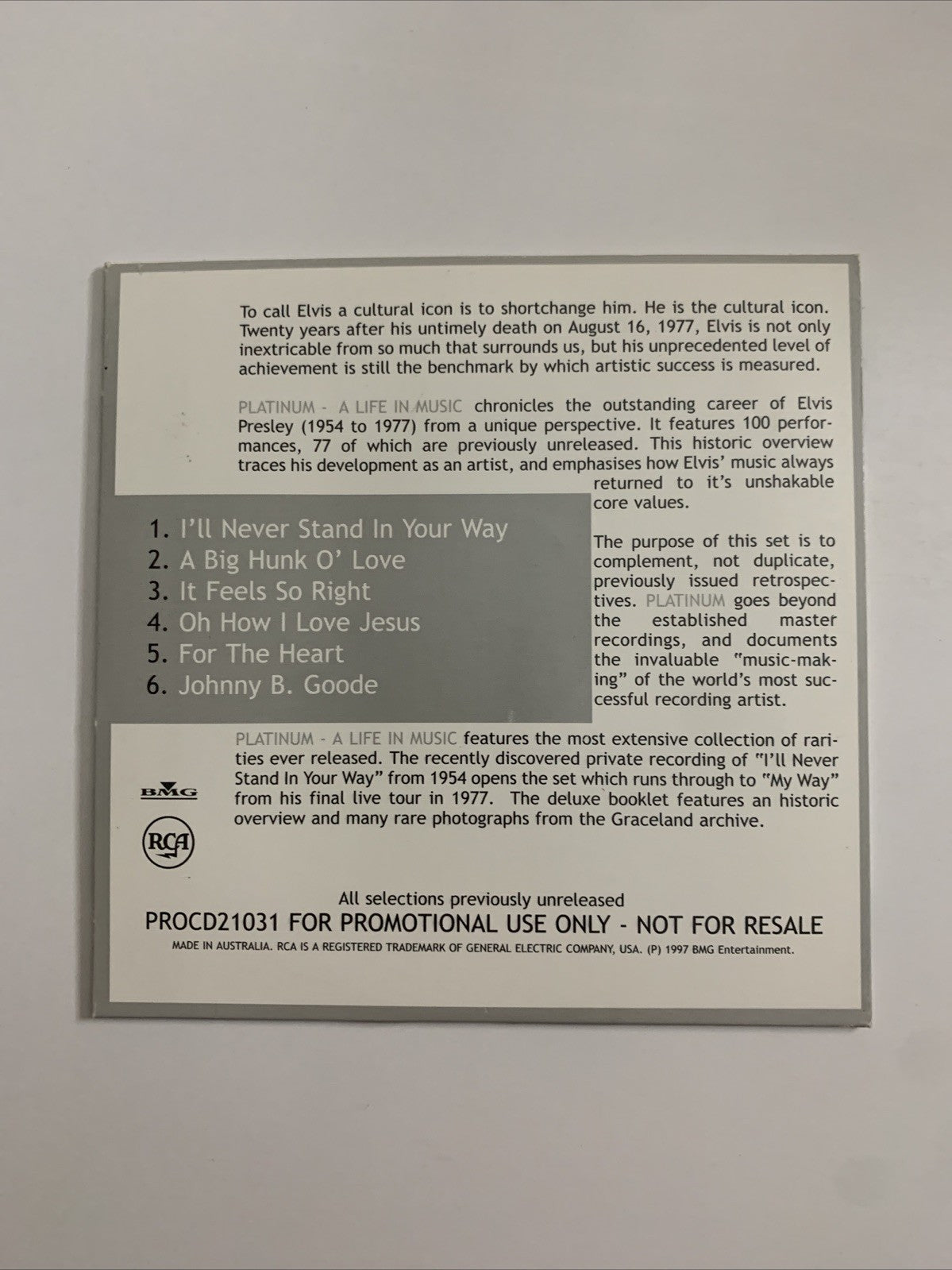 Elvis Presley Platinum A Life In Music (CD, 1997) Promo PROCD21031