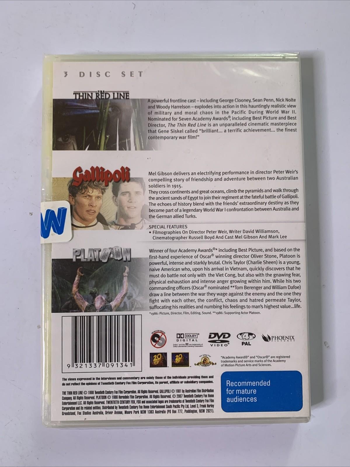 The Thin Redline / Gallipoli / Platoon (DVD, 2010) Region 4 NEW Sealed