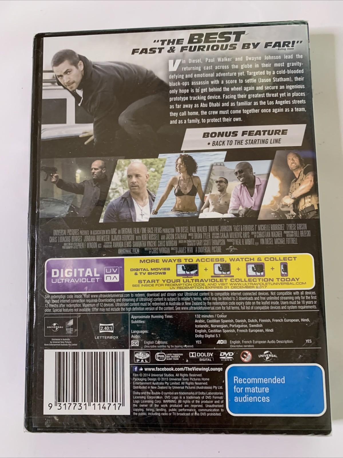 Fast & Furious 7 (DVD, 2015) Dwayne Johnson, Jason Statham Region 4 &2 NEW