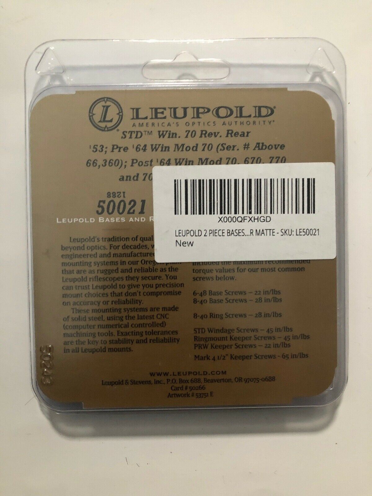 LEUPOLD 2 PIECE BASES STD WIN 70 RVR MATTE Rear 50021 - LE50021
