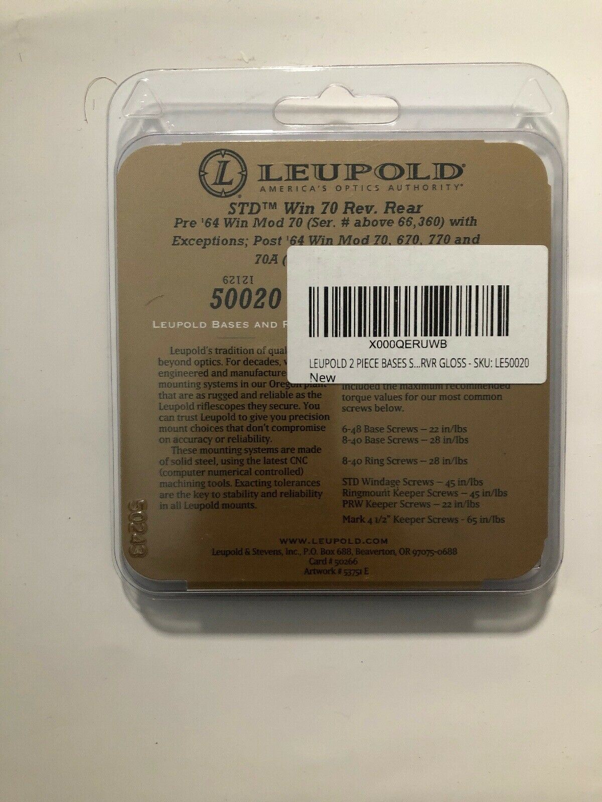 **NEW** LEUPOLD STD 2 PIECE BASES STD WIN 70 RVR - LE50020 RINGS MOUNT ACCESSORY