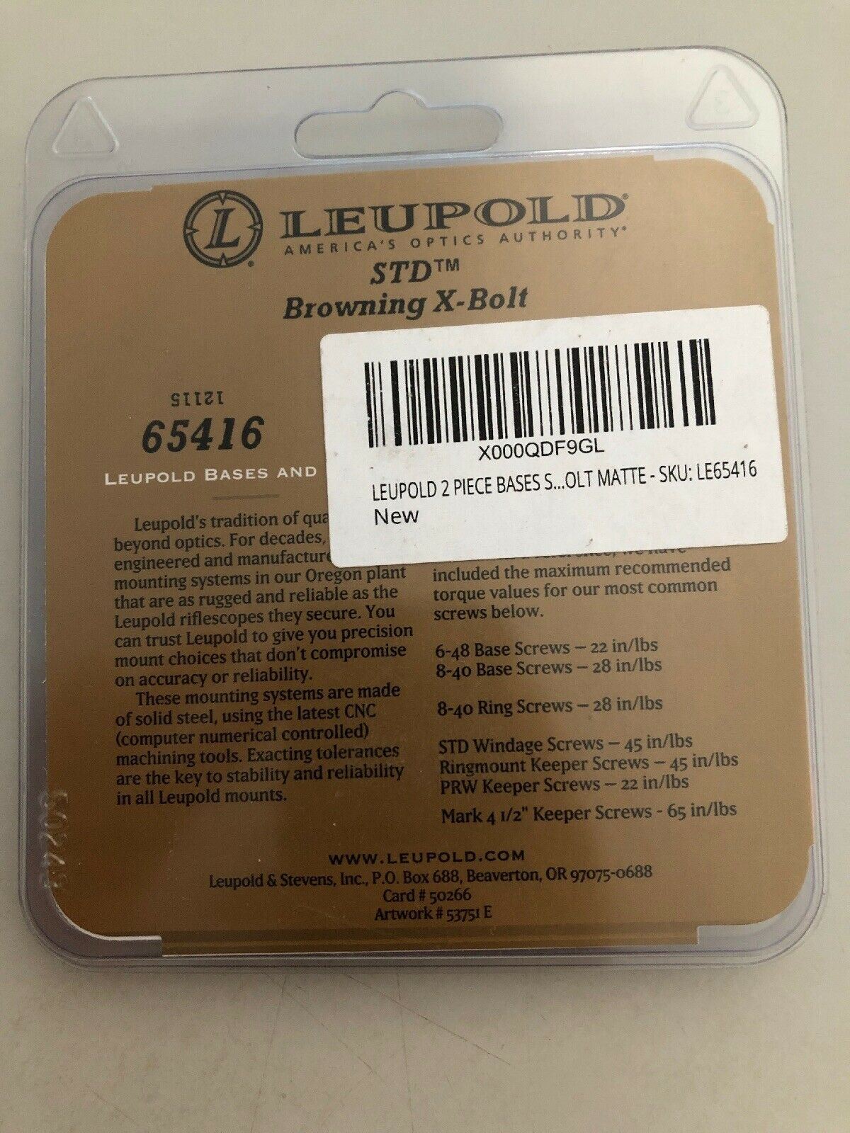 NEW LEUPOLD 2 PIECE BASES STD X-BOLT MATTE - LE65416 Mounting Scopes Torx Screws
