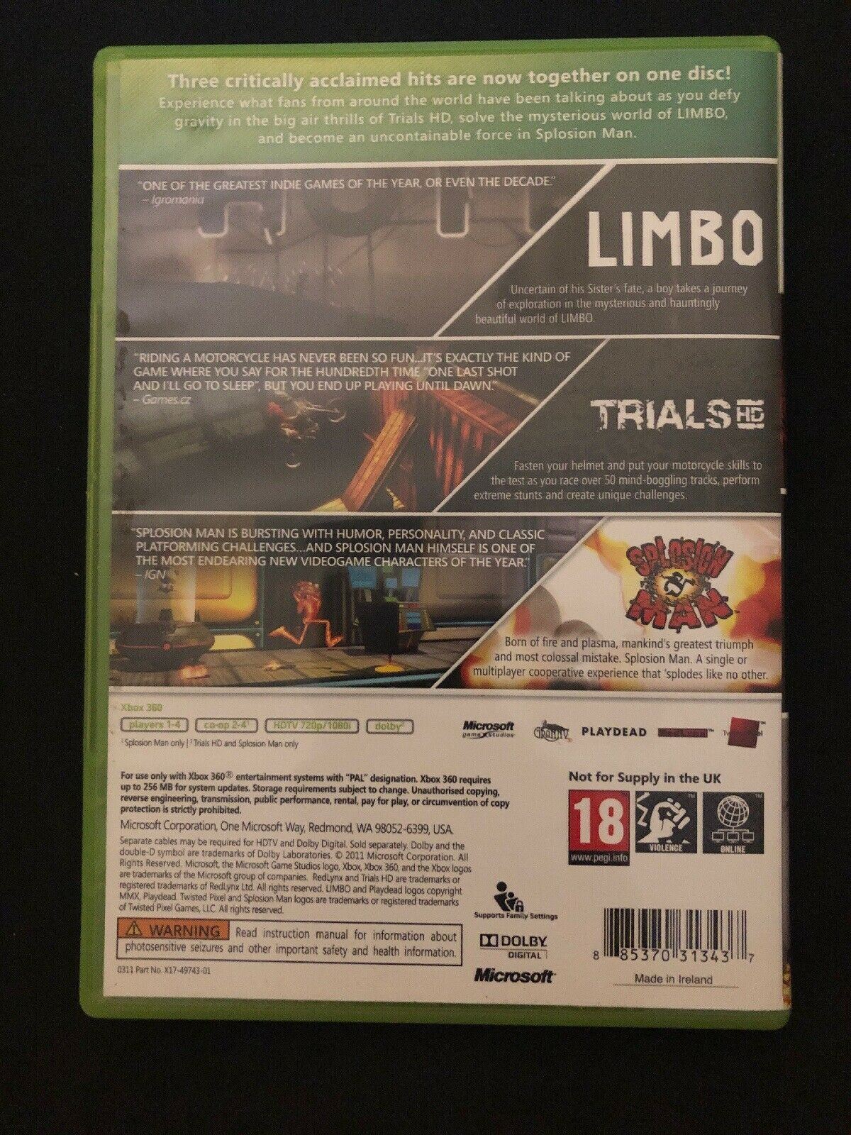 3x Xbox 360 Games - Limbo, Trials HD & Splosion Man - Microsoft Xbox Triple Pack