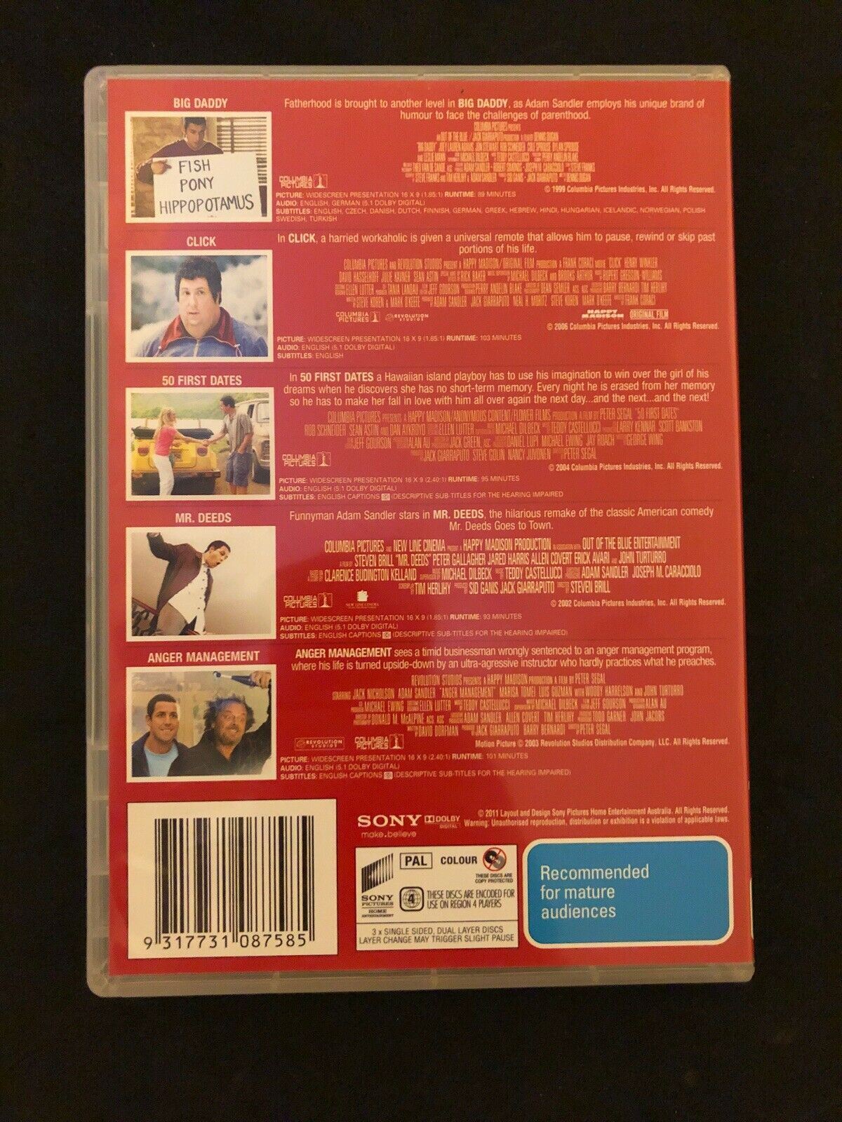 50 First Dates / Anger Management / Big Daddy / Click / Mr Deeds DVD Region 4