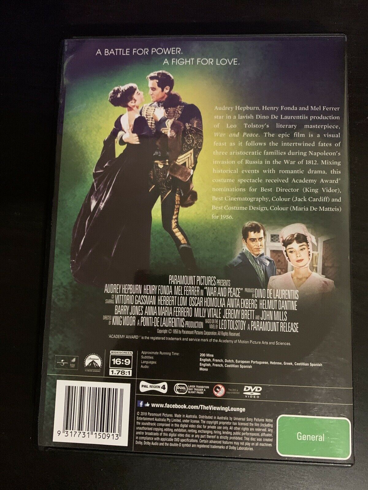 War and Peace (DVD, 1956) Audrey Hepburn, Henry Fonda, Mel Ferrer. Region 4