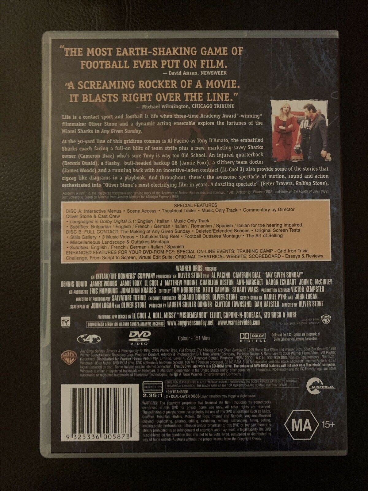Any Given Sunday (DVD, 2001, 2-Disc Set) Al Pacino, Dennis Quaid, Cameron Diaz