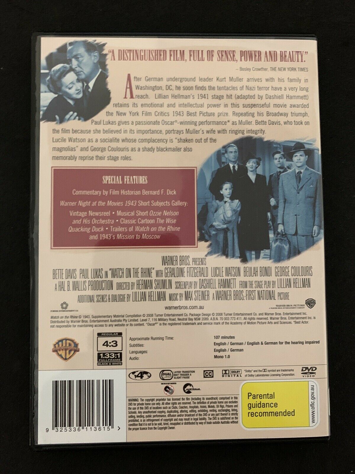 Watch On The Rhine (DVD, 1943) Bette Davis, Paul Lukas. Region 4