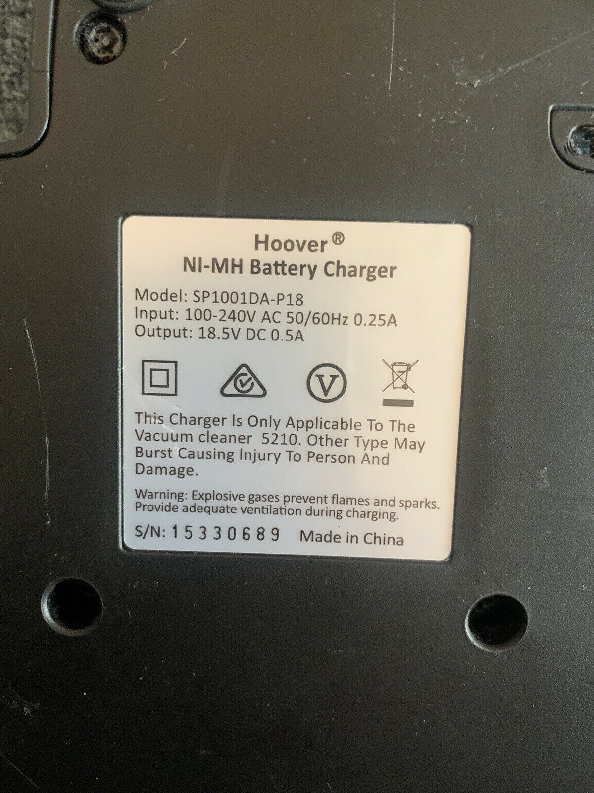 Genuine Hoover Ni-Mh Battery Charger SP1001DA-P18 18.5V 0.25mA for Hoover Vacuum