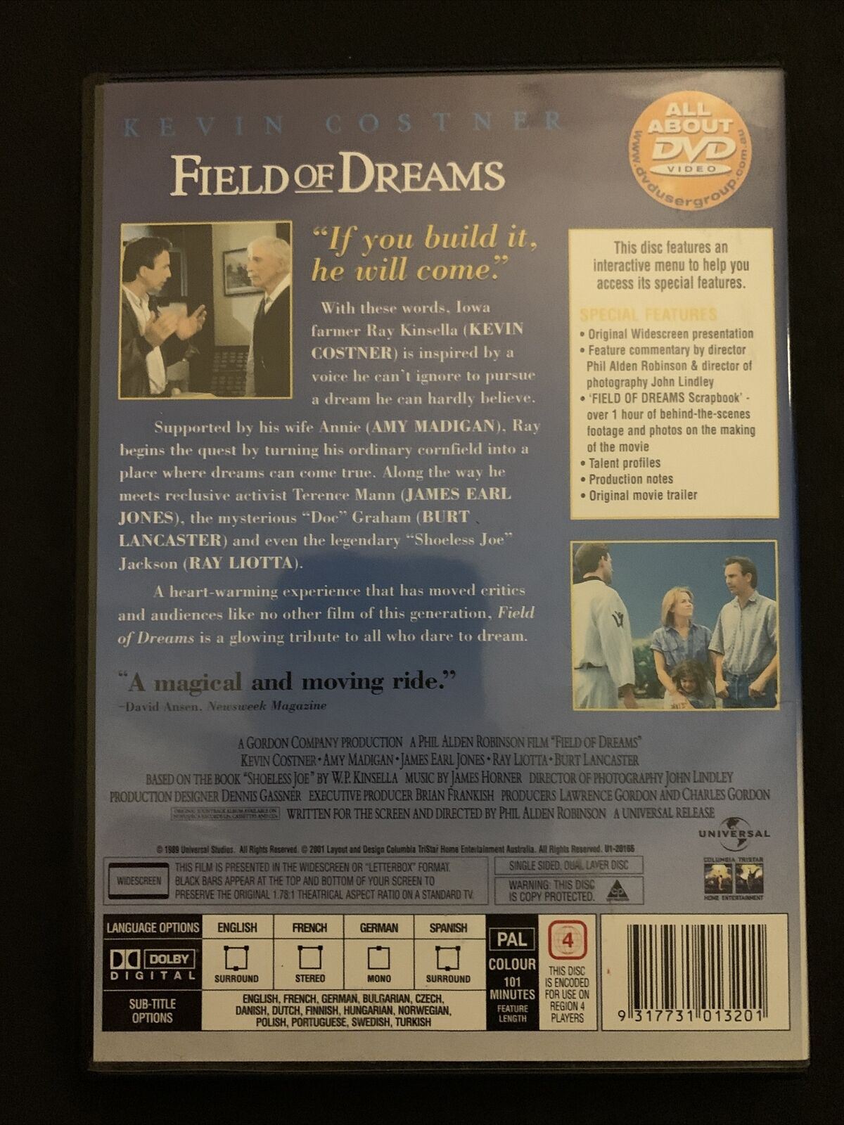 Field Of Dreams - Collector's Edition (DVD, 1989) Kevin Costner. Region 4