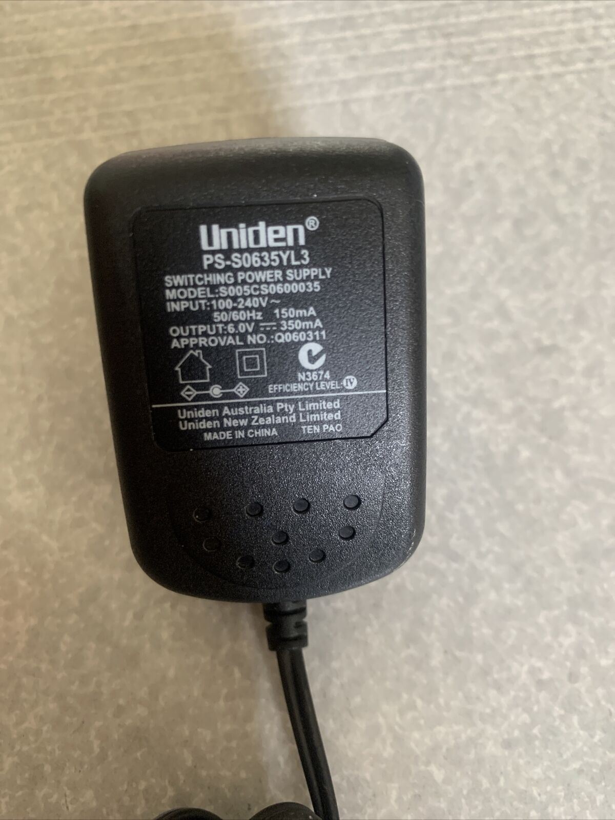 Genuine Uniden PS-S0635YL3 Switching Power Supply 6v 350mA AC Adapter